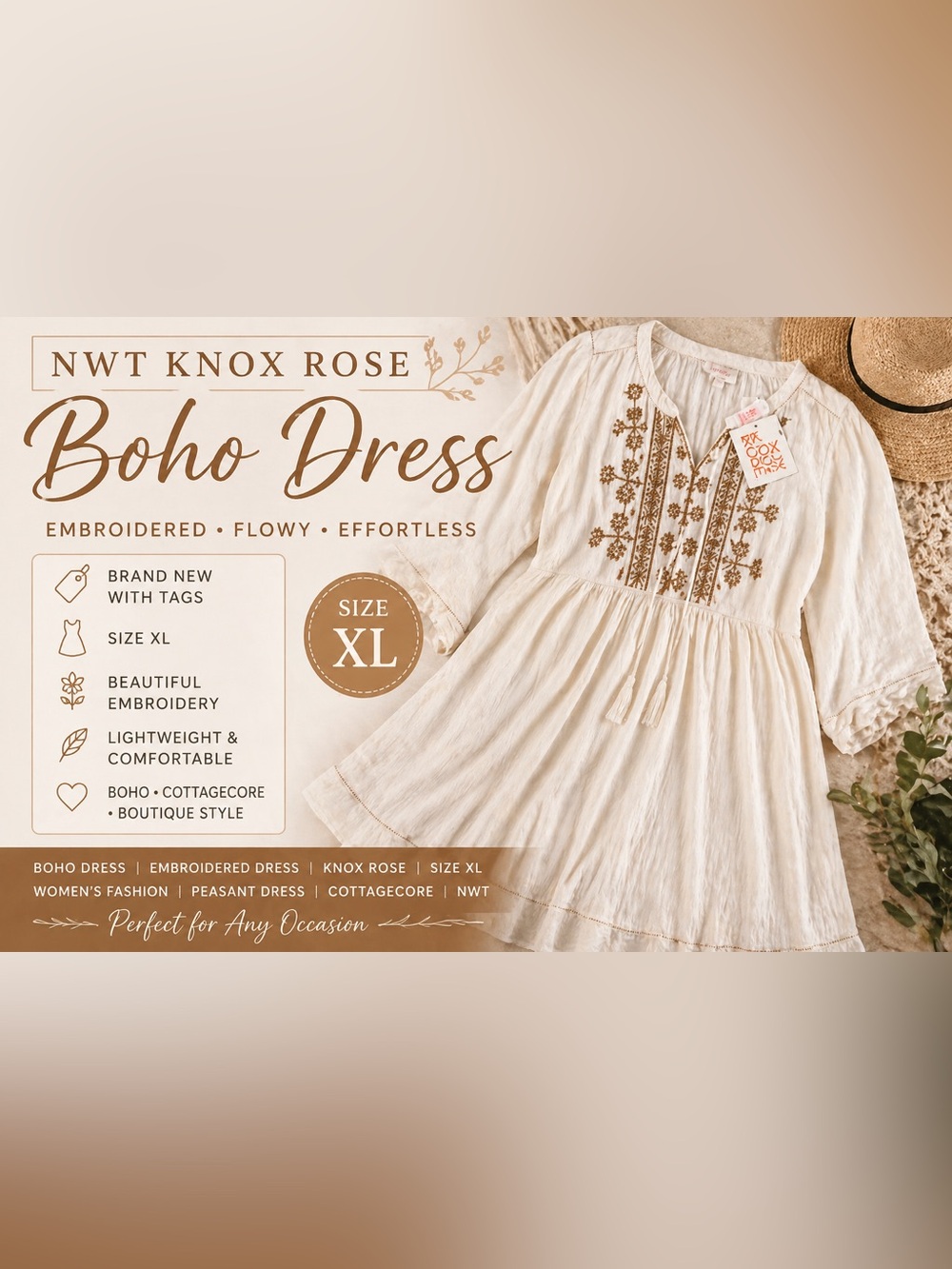 Knox Rose Cream Dress with Brown Embroidery